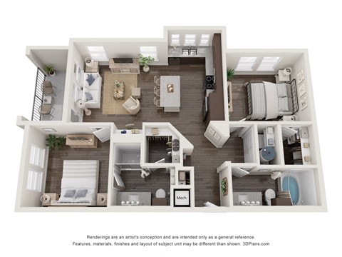 Floor plan for 2 beds, 2 baths, 966 sqft